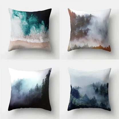Four square throw pillows with green tropical leaves forest abstract nature design in muted teal gray brown and black tones