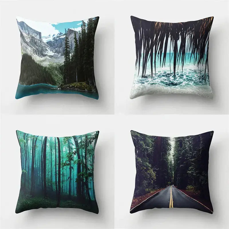 Four square throw pillows with green tropical leaves forest and nature-themed decorbites green tropical prints