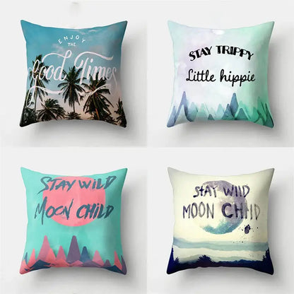 Four square throw pillows with vibrant watercolor green tropical leaves forest designs and motivational phrases decorbites green tropical decor