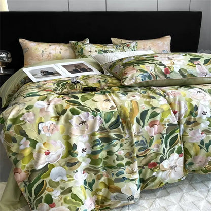 Elegant green and white floral patterned satin bedding set made from decorbites 1000tc egyptian cotton fabric