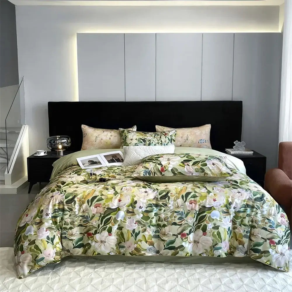 Green and white floral satin duvet cover with delicate blossoms featuring soft sheen in decorbites 1000tc egyptian cotton bedding set