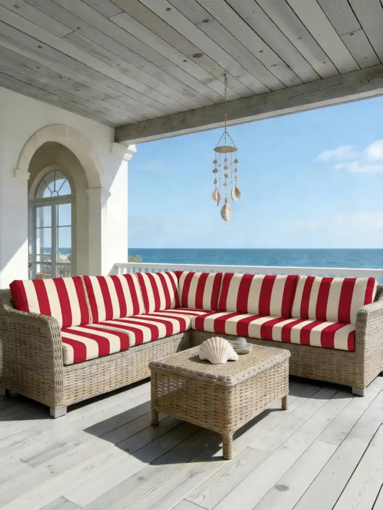 Red and cream striped cushioned sectional sofa with woven wicker frame for living room with green and white striped cushion cover protector