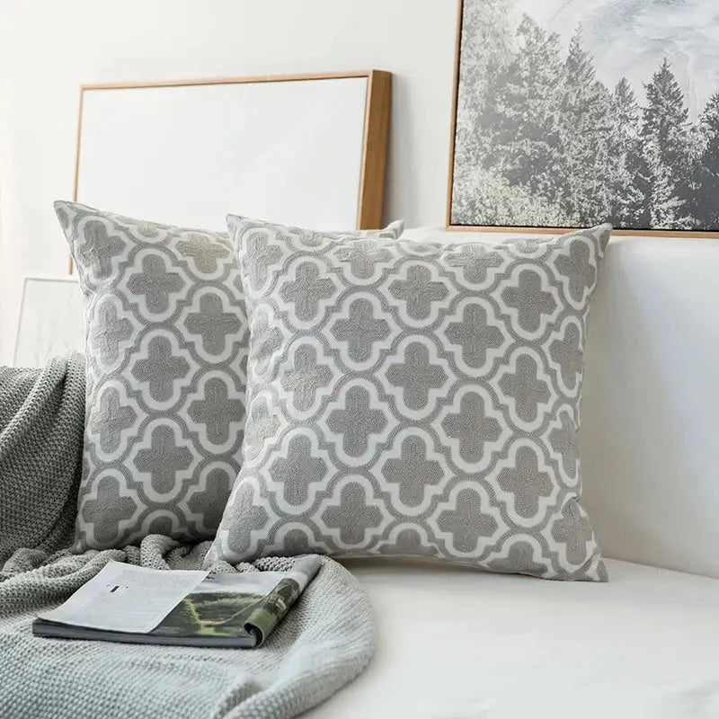 Grey geometric embroidered cushion cover with gray and white textured embroidery for living room decorbites cushion cover
