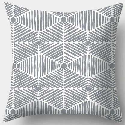 Grey geometry patterned throw pillow case with modern minimalist design for living room decor featuring grey geometry leaves