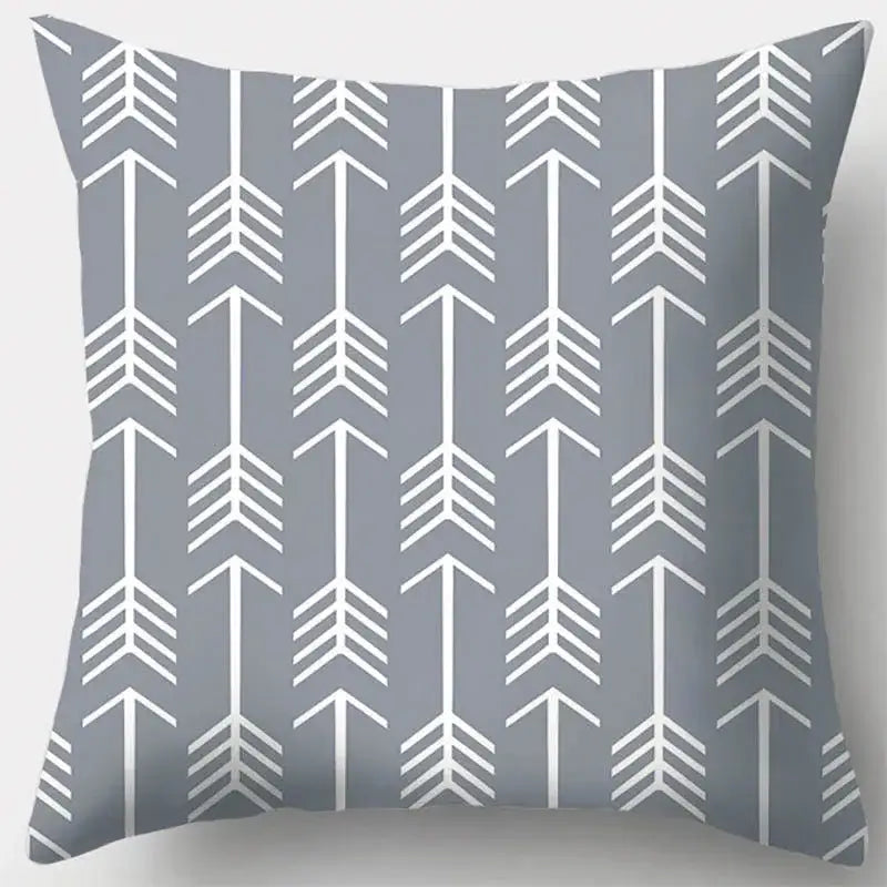 Gray throw pillow case with a grey geometry pattern of white arrow designs for living room decor