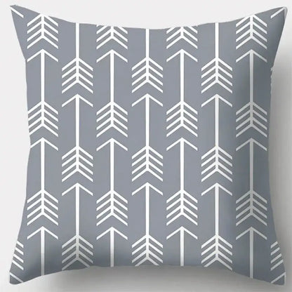 Grey geometry patterned pillow case with white arrow design on gray fabric for living room decor