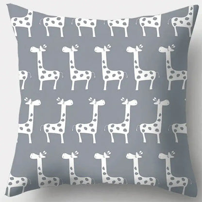 Gray throw pillow case with grey geometry pattern featuring white stylized giraffes with black spots for living room decor