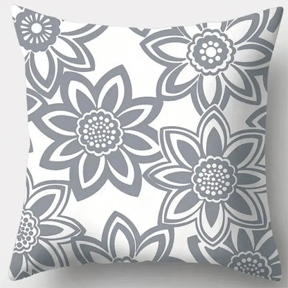 A square throw pillow case with grey geometry patterned stylized flowers on white for living room decor