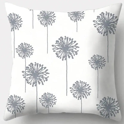 White throw pillow case with grey geometry dandelion seed heads pattern for elegant living room decor