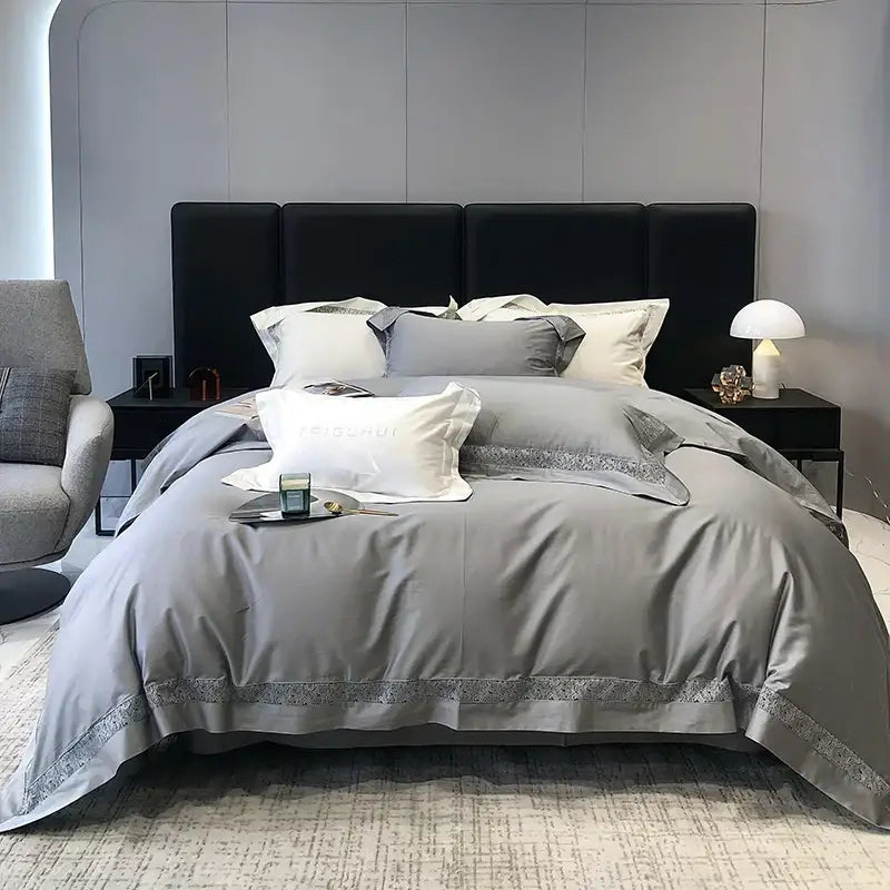 Gray satin duvet cover bedding set with subtle embroidered trim in decorbites grey hollow lace egyptian cotton design