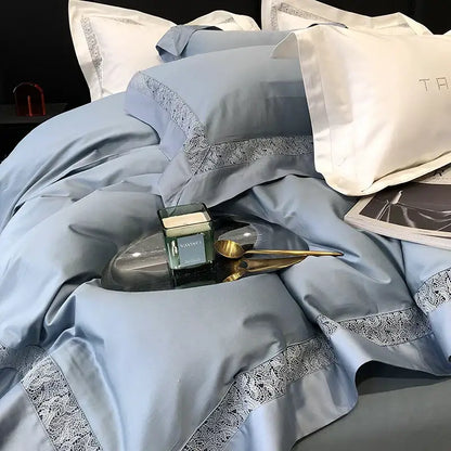 Light blue satin bedding set with delicate silver lace trim for decorbites grey hollow lace egyptian cotton bedding set