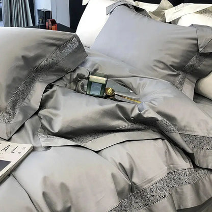 Luxurious grey hollow lace egyptian cotton bedding set with intricate silver lace trim for elegant bedroom decorbites decor