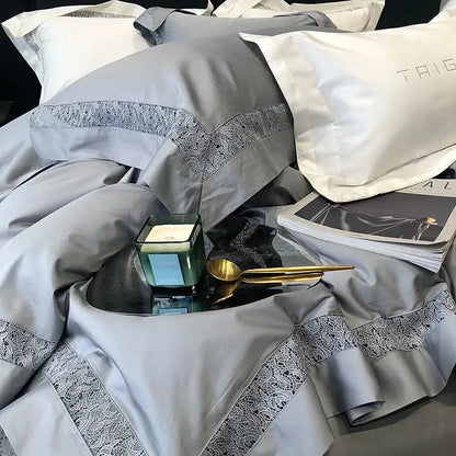Luxury grey hollow lace egyptian cotton bedding set with gray satin and silver lace trim for elegant bedroom decorbites decor