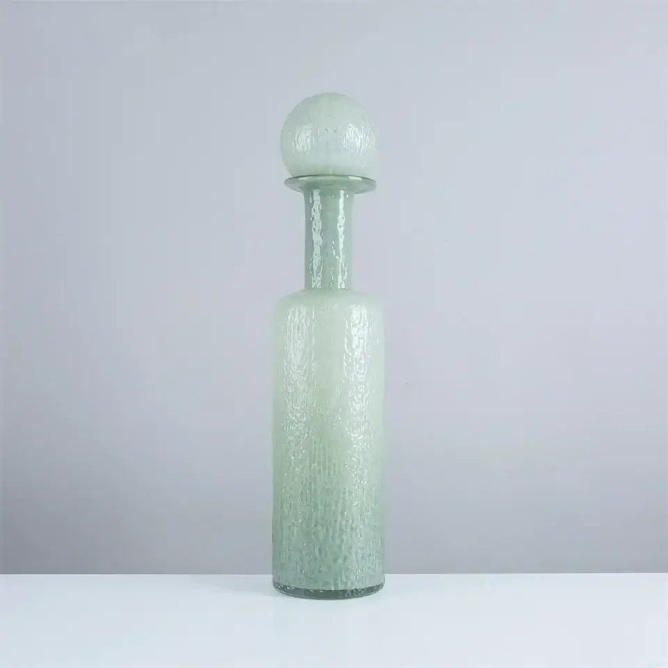 Translucent pale green grey round glass vase with textured bubble surface and hammer lid stopper for living room decorbites gray round