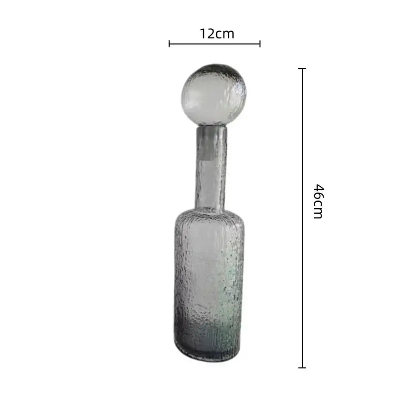 Grey round glass vase set with hammer lid stoppers featuring a tall textured decanter with frosted gradient decorbites grey round