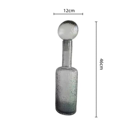 Grey round glass vase set with hammer lid stoppers featuring a tall textured decanter with frosted gradient decorbites grey round
