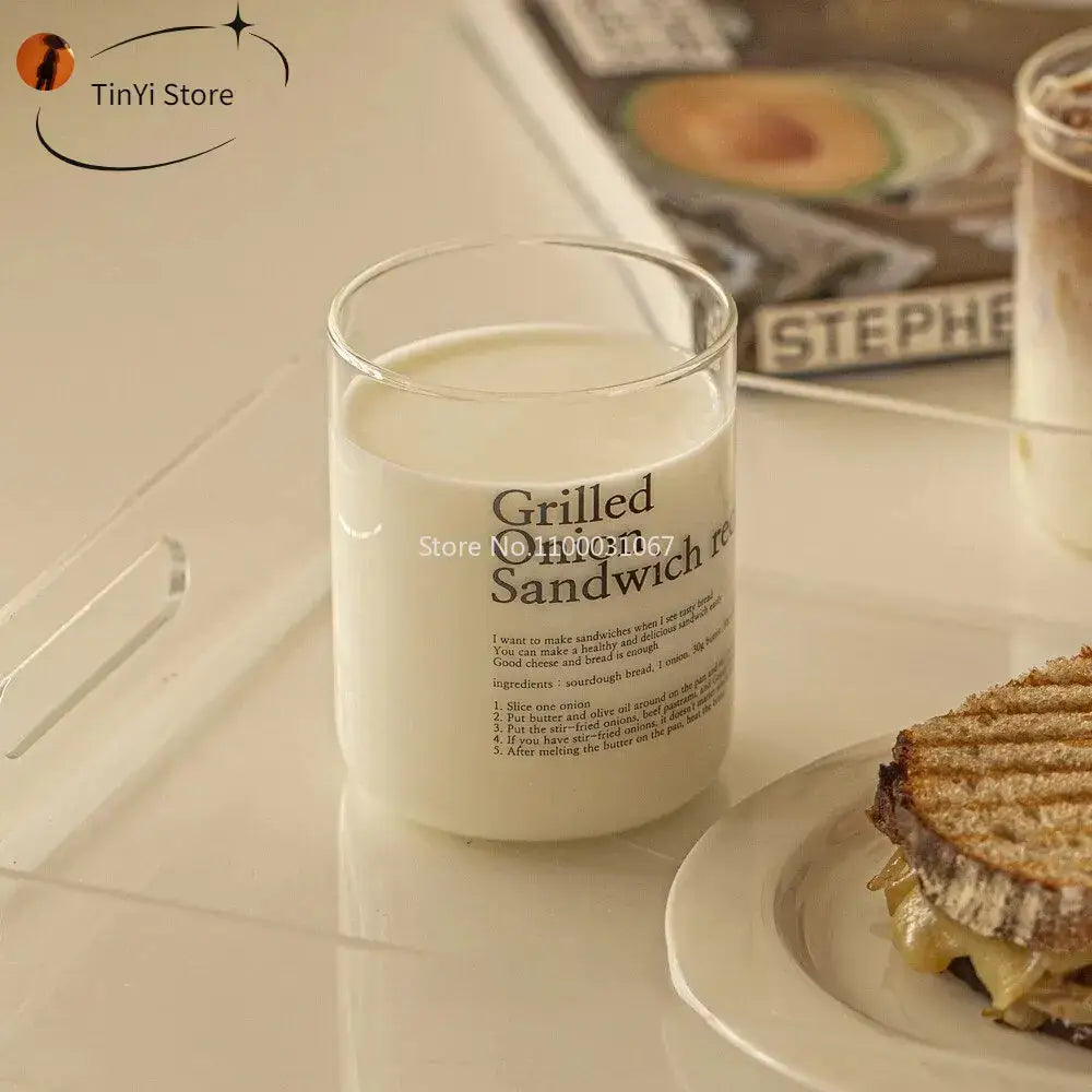 Clear glass coffee cup with white wax and black grilled sandwich recipe text for decorbites glass coffee set kitchen decor