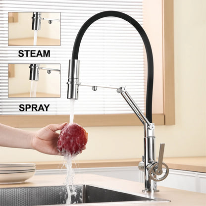 Gun gray brass single hole island style kitchen faucet with chrome finish flexible black hose and adjustable spray head