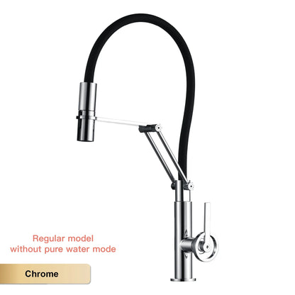 Gun gray brass single hole kitchen faucet with chrome finish, arched spout, black flexible hose, and filtered water sprayer