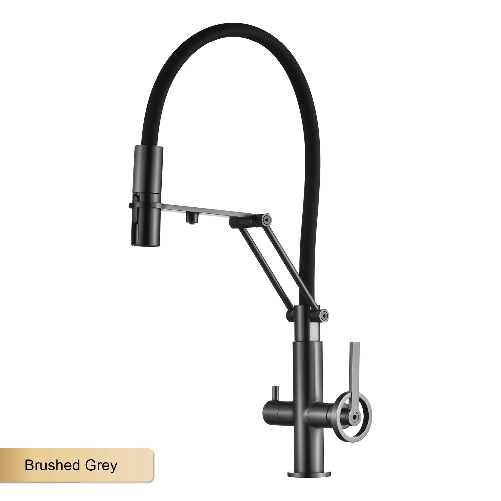 Gun gray brass single hole island style kitchen faucet with brushed grey finish, arched spout, and pull out sprayer