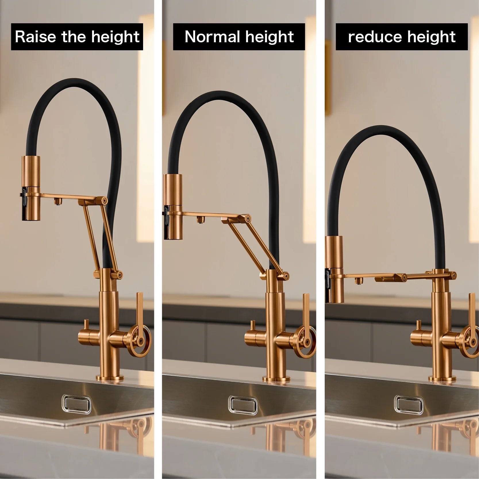 Gun gray brass single hole island kitchen faucet with brushed gold finish black flexible hose and pull out sprayer