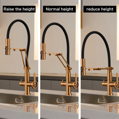 Gun gray brass single hole island kitchen faucet with brushed gold finish black flexible hose and pull out sprayer