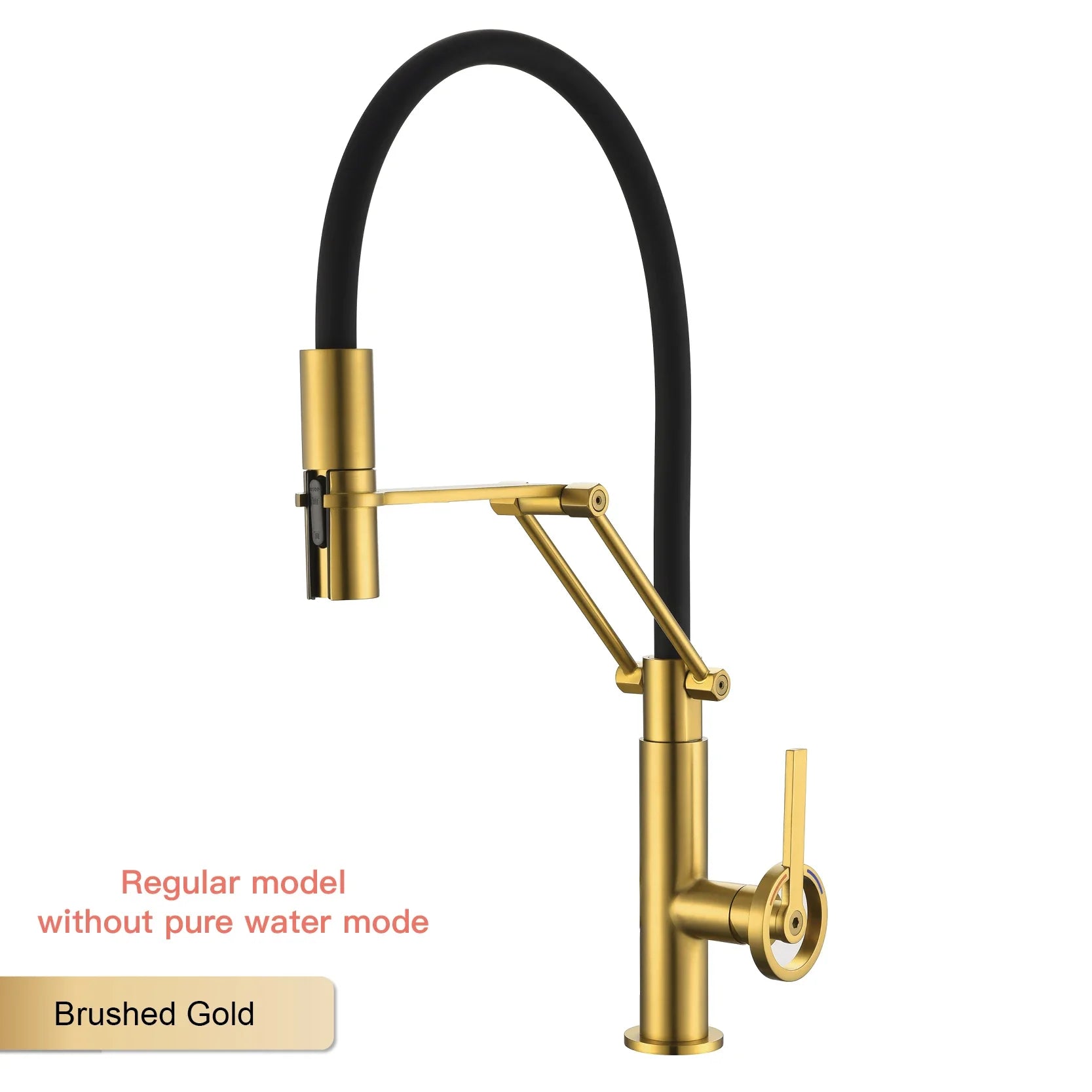 Gun gray single hole brass island kitchen faucet with brushed gold finish, black flexible hose, and filtered water sprayer