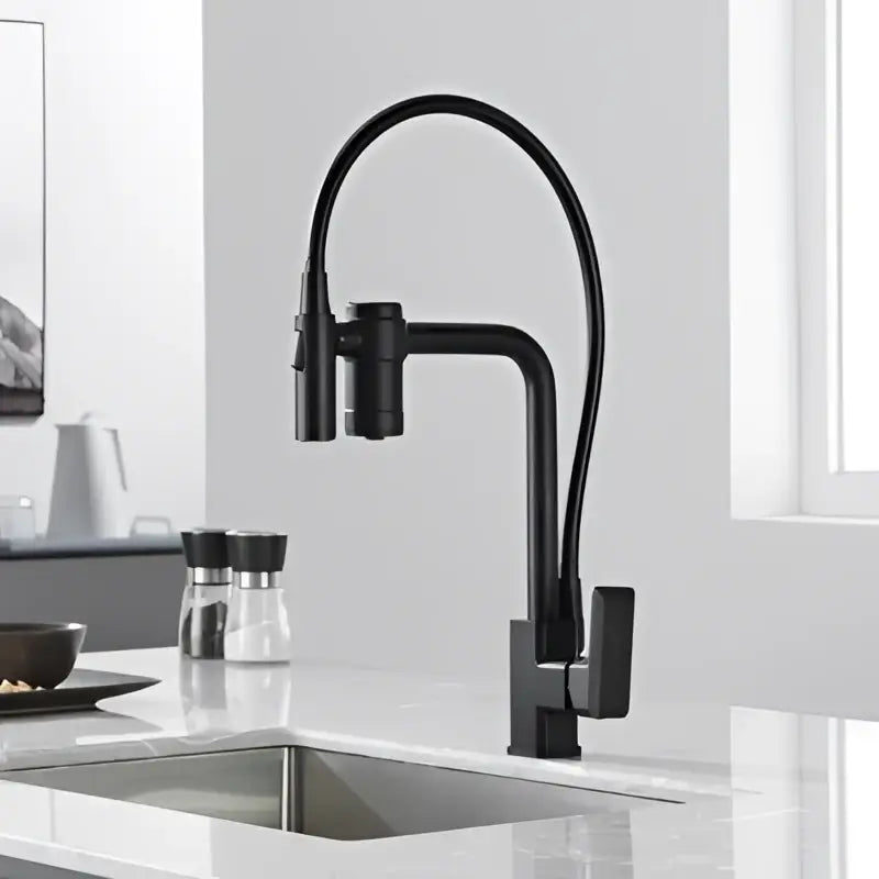 Black matte gun grey filtered water kitchen faucet with flexible gooseneck spout and pull-down spray head