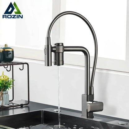 Gun grey filtered water kitchen faucet with black matte finish flexible gooseneck spout and pull down sprayer