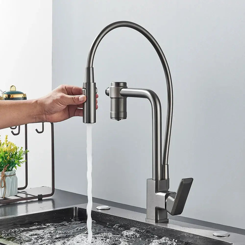 Modern gun grey filtered water kitchen faucet with flexible gooseneck spout and pull down spray head in matte finish