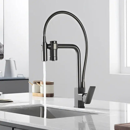 Modern gun grey kitchen faucet with matte black gooseneck, filtered water system, and pull-down sprayer head