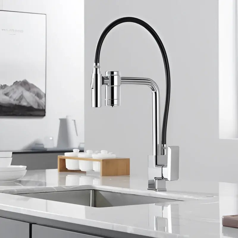 Modern gun grey kitchen faucet with chrome finish, flexible black hose, and pull-down filtered water sprayer head