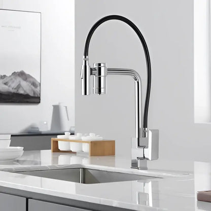 Modern gun grey kitchen faucet with chrome finish, flexible black hose, and pull-down filtered water sprayer head