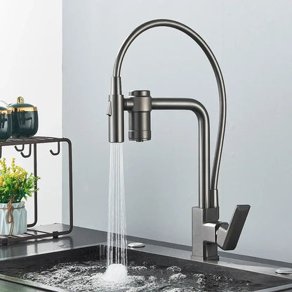 Modern matte black kitchen faucet with flexible gooseneck spout and pull down spray head for filtered water use