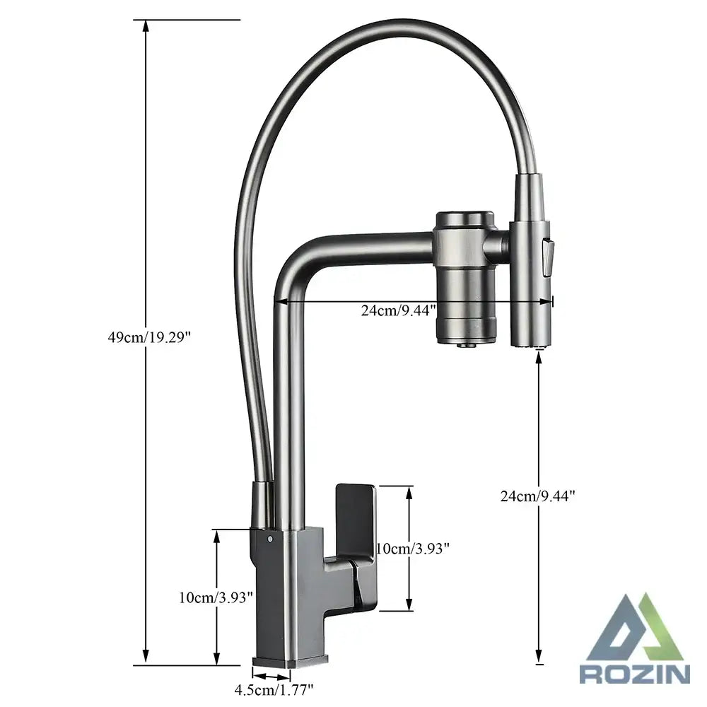 Modern gun grey filtered water kitchen faucet with brushed stainless steel flexible gooseneck spout and pull down sprayer