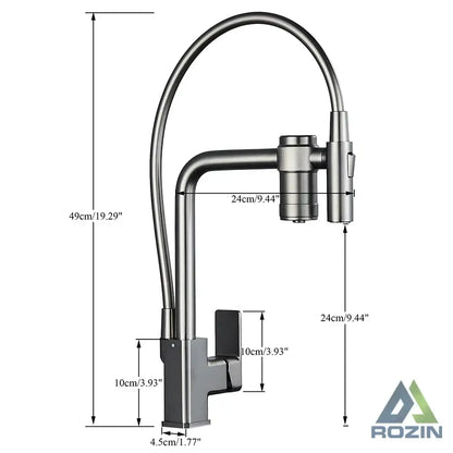 Modern gun grey filtered water kitchen faucet with brushed stainless steel flexible gooseneck spout and pull down sprayer