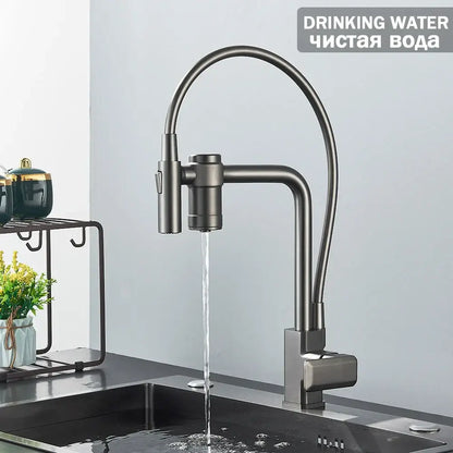 Modern matte black kitchen faucet with curved spout and pull-down spray head for filtered water in gun grey finish