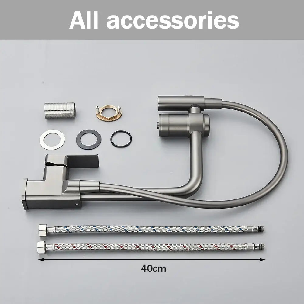 Modern gun grey filtered water kitchen faucet with brushed stainless steel finish and flexible pull down sprayer hose