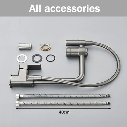 Modern gun grey filtered water kitchen faucet with brushed stainless steel finish and flexible pull down sprayer hose