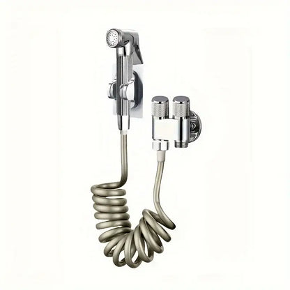 Chrome-finished wall-mounted gunmetal gray copper bidet parts set with coiled hose and dual nozzle control knobs
