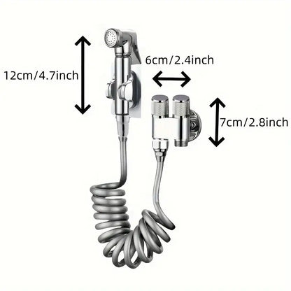 Gunmetal gray copper bidet parts set with silver coiled hose handheld showerhead and wall-mounted valve assembly