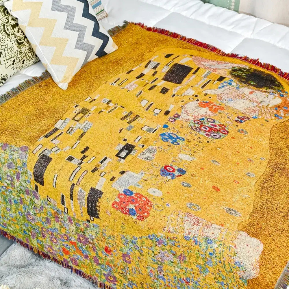 Vibrant yellow decorbites jacquard tapestry decorative throw featuring gustav klimt the kiss design with floral patterns and red fringe