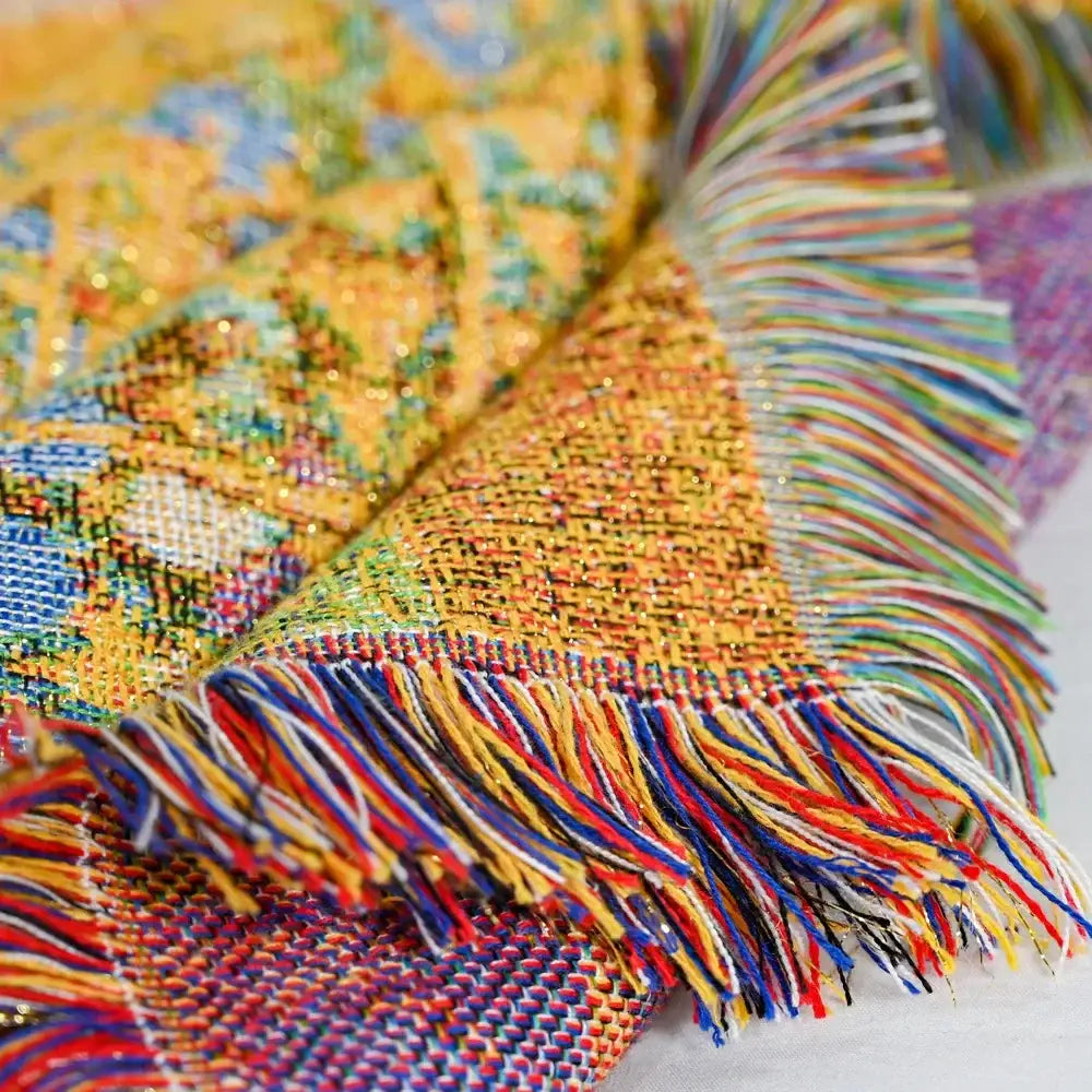 Vibrant multicolored woven scarf with shimmering threads and colorful fringe for decorbites jacquard tapestry decorative use