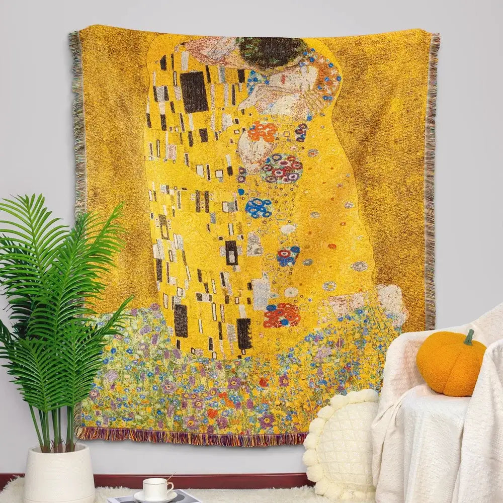 Vibrant yellow decorbites jacquard tapestry decorative throw featuring gustav klimt the kiss design with fringed edges