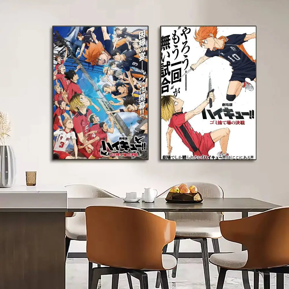 Two framed haikyuu hot anime posters featuring dynamic players in red and blue uniforms for home or bar decor