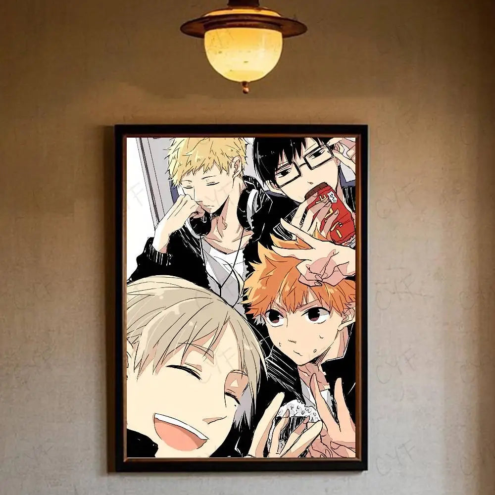 Black-framed haikyuu hot anime poster with four vibrant characters for waterproof home and bedroom decoration
