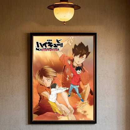 Black-framed haikyuu hot anime poster with dynamic characters on fiery orange and yellow background for home decor