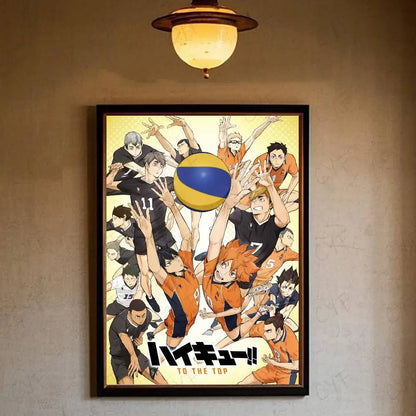 A framed hot anime haikyuu poster with characters in orange and black volleyball uniforms reaching for a yellow ball