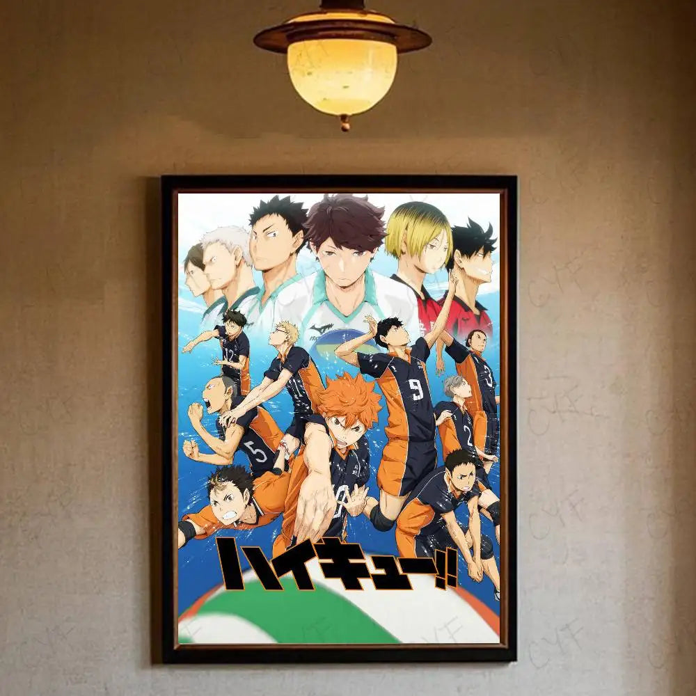 A framed hot anime haikyuu poster with dynamic volleyball characters and bold black japanese text for home decor