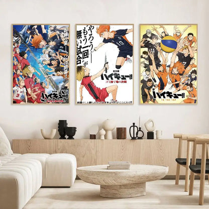 Three framed haikyuu hot anime posters with red and blue characters above a wooden console table for home decor